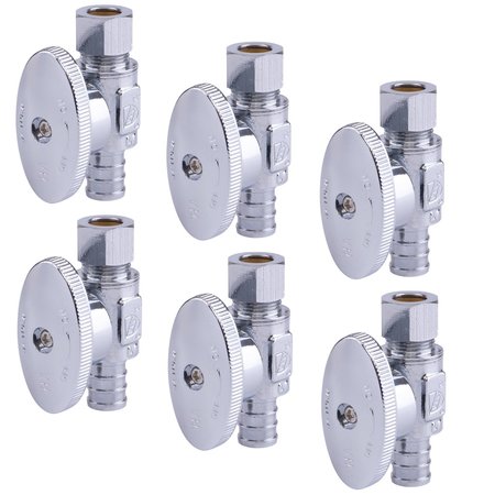 HAUSEN 1/2 in. Chrome- Plated Brass PEX Barb x 3/8 in Compression Quarter-Turn Straight Stop Valve Jar, 6PK HA-SS100-6